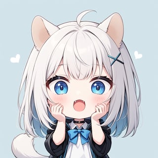 (chibi style), {{{masterpiece}}}, {{{best quality}}}, {{ultra-detailed}}, {beautiful detailed eyes},1girl, solo,  ((white hair)), very long hair, blue eyes, (straight hair), (bangs), animal ears, (stoat ears:1.2), Choker, ahoge, fangs, (big stoat Tail:1.2), (blue X hairpin), (White sleeveless collared dress, (Two-piece dress), (blue chest bow)), (black hooded oversized jacket:1.2), (Off the shoulders), 
(((>.<))), (hands on face), upper body,chibi emote style,chibi,emote, cute,Emote Chibi,comic book,cutechibiprofile