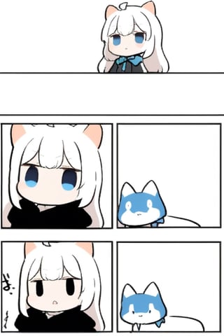 (chibi style),1girl, solo,  ((white hair)), very long hair, blue eyes, (straight hair), (bangs), animal ears, (stoat ears:1.2), Choker, ahoge, fangs, (big stoat Tail:1.2), 
(White sleeveless collared dress, blue chest bow), (black hooded oversized jacket:1.2), (Off the shoulders), looking at viewer, simple background, shirt,, white background, upper body, anime ,Anime ,girl ,cute comic,Graffiti Comic,Graffiti