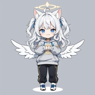 chibi, sd, masterpiece, made by a master, 4k, perfect anatomy, perfect details, best quality, high quality, lots of detail.
(solo),1girl, ((angel)), ((white hair)), long curly hair, (two side up), blue eyes,  (curly hair:1.2), (wavy hair), (hair curls), (bangs), (two side up), two ((blue)) hair ties on head, (Double golden halo on her head), choker, ((angel wings)), ahoge, fang, cat ears, smug smile, slightly angry, (Gray long sleeve hooded top), Black long pants, white socks, single, looking at viewer, mouth wide open, (with arms folded), (full body) ,Emote Chibi. cute comic,simple background, flat color, Cute girl,dal,Chibi Style,lineart,