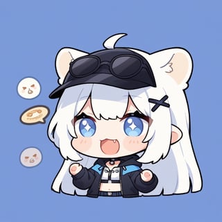 (chibi style), {{{masterpiece}}}, {{{best quality}}}, {{ultra-detailed}}, {beautiful detailed eyes}1girl, solo,  ((white hair)), very long hair, blue eyes, (straight hair), (bangs), animal ears, (stoat ears:1.2),
 Choker, ahoge, fangs, (big stoat Tail:1.2), (blue X hairpin), (White sleeveless collared dress, (midriff), (blue chest bow)), 
(black hooded oversized jacket:1.2), (jacket zipper half unzipped), (Off the shoulders), (rapping), (black sunglasses), upper body,chibi emote style,chibi,emote, cute,Emote Chibi,anime,cute comic,txznf,flat style,comic book