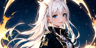  (Best Picture Quality, High Quality, Best Picture Score: 1.3), , Perfect Beauty Score: 1.5, long hair, 1 angel girl, (solo), ((white hair)), (long curly hair), blue eyes, ((two blue ribbons on her hair)), (Double golden halo on her head), (angel wings), (cute outfit), ((wearing a black jacket with flame embroidery)), cute smile, background is the night sky with the bright moon hanging high, beautiful, cute, masterpiece, best quality,