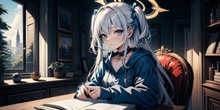 vibrant colors, female, masterpiece, sharp focus, best quality, depth of field, cinematic lighting, ((solo, one girl)), (illustration, 8k CG, extremely detailed), masterpiece, ultra-detailed,
1girl, angel, white hair, long curly hair, two side up,blue eyes, two blue ribbons on her hair, (Double golden halo on her head), choker, angel wings, Wearing grey Hooded T-shirt, on chair, open book on desk, look in the camera
,colorful