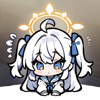  chibi, masterpiece, best quality,1girl, angel, (white hair), long curly hair, (two side up),blue eyes, (two blue ribbons on her hair), ((Double golden halo on her head)), choker, ((angel wings)), ahoge,blue school uniform,sailor collar,long sleeves,pleated skirt,white pantyhose,masterpiece,Emote Chibi