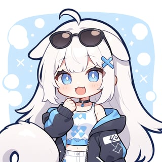 (chibi style), {{{masterpiece}}}, {{{best quality}}}, {{ultra-detailed}}, {beautiful detailed eyes}1girl, solo,  ((white hair)), very long hair, blue eyes, (straight hair), (bangs), animal ears, (stoat ears:1.2),
 Choker, ahoge, fangs, (big stoat Tail:1.2), (blue X hairpin), (White sleeveless collared dress, (midriff), blue chest bow), 
(black hooded oversized jacket:1.2), (jacket zipper half unzipped), (Off the shoulders), (rapping), (black sunglasses), upper body,chibi emote style,chibi,emote, cute,Emote Chibi,anime,cute comic,txznf,flat style,comic book