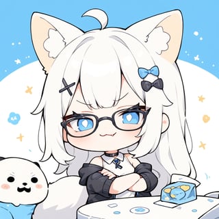 (chibi style), {{{masterpiece}}}, {{{best quality}}}, {{ultra-detailed}}, {beautiful detailed eyes},1girl, solo,  ((white hair)), very long hair, blue eyes, (straight hair), (bangs), animal ears, (stoat ears:1.2), Choker, ahoge, fangs, (big stoat Tail:1.2), (X hairpin), (White sleeveless collared dress, blue chest bow), (black hooded oversized jacket:1.2), (Off the shoulders), (glasses), (smug smile), ((with arms folded)), upper body,chibi emote style,chibi,emote,aesthetic, ,comic book,cute comic