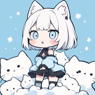 (chibi style), {{{masterpiece}}}, {{{best quality}}}, {{ultra-detailed}}, {beautiful detailed eyes},1girl, solo,  ((white hair)), very long hair, blue eyes, (straight hair), (bangs), animal ears, (stoat ears:1.2), Choker, ahoge, fangs, (big stoat Tail:1.2), (X hairpin), (White sleeveless collared dress, blue chest bow), (black hooded oversized jacket:1.2), (Off the shoulders), O_O, ((punching viewer)), upper body,chibi emote style,chibi,emote,cute comic