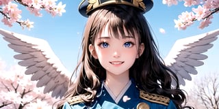 figure, (1girl), (solo), (angel_wings), ((white long curly hair)), blue eyes, two blue ribbons on her hair, (Double golden halo on her head), middle_breast, , cute smile, Japanese military uniform, Japanese military hat, fighting pose, background is cherry blossoms, masterpiece, masterpiece, best quality, better_hands
