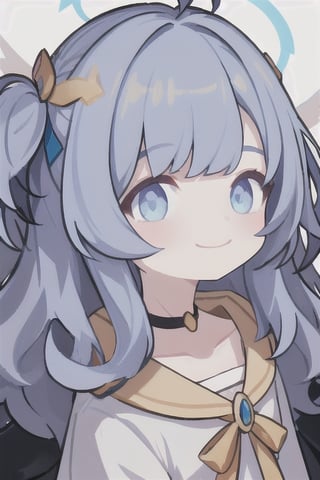 masterpiece, best quality, light smile, close-up, white background,sparklehsr,chibi,1girl, angel, white hair, long curly hair, ((two side up)), blue eyes, (curly hair:1.2), (wavy hair), (hair curls), (blunt bangs), (two side up), two blue hair ties on head, (Double golden halo on her head), choker, angel wings,ahoge,, bangs, 