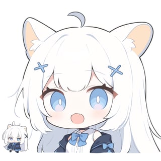 (chibi style), {{{masterpiece}}}, {{{best quality}}}, {{ultra-detailed}}, {beautiful detailed eyes},1girl, solo,  ((white hair)), very long hair, blue eyes, (straight hair), (bangs), animal ears, (stoat ears:1.2), Choker, ahoge, fangs, (big stoat Tail:1.2), (blue X hairpin), (White sleeveless collared dress, (Two-piece dress), (blue chest bow)), (black hooded oversized jacket:1.2), (Off the shoulders), (shock), (shocked expression), upper body,chibi emote style,chibi,emote, cute,Emote Chibi,anime,cute comic