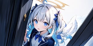 (masterpiece), full body:1.1, 1girl, 20 years old, angel, white hair, long curly hair, two side up,blue eyes, two blue ribbons on her hair, (Double golden halo on her head), choker, ((angel wings)), solo, negative space, (simple white background, standing), cinematic angle, side angle, from above:1, a girl in a school uniform, cute, black pleated skirt, blue blazer, blue bow in hair, ahoge, simple, facing viewer, manga illustration style, closing a door, a white wooden door, A mysterious door, bangs, staring blankly at the camera, surprised expression, open mouth, detailed blue eyes