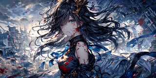 full body,Blood Mist, background_Urban rooftop,1girl, angel, with sliver long curly hair, blue eyes, two blue ribbons on her hair, (Double golden halo on her head), angel wings, despair,blood sakura,((masterpiece)), (((best quality))), ((ultra-detailed)), ((illustration)), ((disheveled hair)),Blood Cherry Blossom,torn clothes,tearing with eyes open,solo,Blood Rain,bandages,Gunpowder smoke,beautiful deatailed shadow, Splashing blood,dust,tyndall effect,portrait