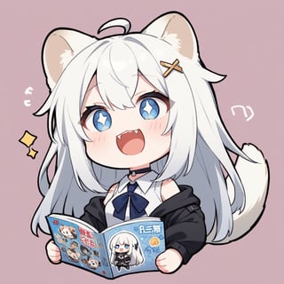 (chibi style),1girl, solo,  ((white hair)), very long hair, blue eyes, (straight hair), (bangs), animal ears, (stoat ears:1.2), Choker, ahoge, fangs, (big stoat Tail:1.2), (X hairpin),
(White sleeveless collared dress, blue chest bow), (black hooded oversized jacket:1.2), (Off the shoulders), ((>.<)), ((laughing)), simple background, white background, upper body, anime,Emote Chibi,comic book