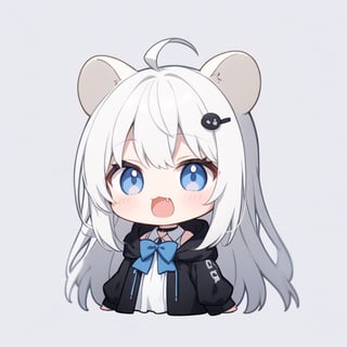 (chibi style),1girl, solo,  ((white hair)), very long hair, blue eyes, (straight hair), (bangs), animal ears, (stoat ears:1.2), Choker, ahoge, fangs, (big stoat Tail:1.2), (1 hairpin),
(White sleeveless collared dress, blue chest bow), (black hooded oversized jacket:1.2), (Off the shoulders), looking at viewer, simple background, shirt,, white background, upper body, anime ,Anime ,girl ,Emote Chibi