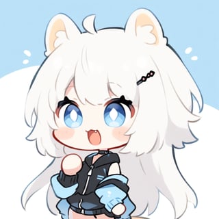 (chibi style), {{{masterpiece}}}, {{{best quality}}}, {{ultra-detailed}}, {beautiful detailed eyes}1girl, solo,  ((white hair)), very long hair, blue eyes, (straight hair), (bangs), animal ears, (stoat ears:1.2),
 Choker, ahoge, fangs, (big stoat Tail:1.2), (blue X hairpin), (black hooded oversized jacket:1.2), (jacket zipper half unzipped), (Off the shoulders), (rapping), (black sunglasses), upper body,chibi emote style,chibi,emote, cute,Emote Chibi,anime,cute comic,