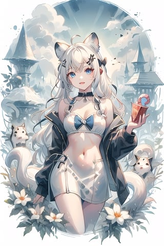 animal ear fluff, animal ears, 1girl, solo,  ((white hair)), very long hair, blue eyes, (straight hair), (bangs), animal ears, (stoat ears:1.2), Choker, ahoge, fangs, (big stoat Tail:1.2), (blue X hairpin), (White sleeveless collared dress, (midriff), blue chest bow), (black hooded oversized jacket:1.2), (jacket zipper half unzipped), (Off the shoulders), candy, food print, highres, holding, multiple girls, multiple tails,,tail,CrclWc,simplebackground,outdoors,sky,WtrClr
