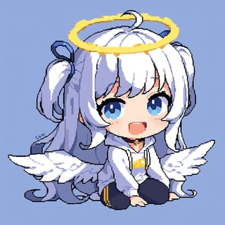 (chibi:1.3), masterpiece, made by a master, 4k, perfect anatomy, perfect details, best quality, high quality, lots of detail.
(solo),1girl, ((angel)), ((white hair)), (long hair:1.1), (two side up:1.2), blue eyes, (wavy hair), (hair curls), (bangs), two ((blue)) hair ties on head, (Double golden halo on her head), choker, ((angel wings)), ahoge, laughing, (white long sleeve hooded top), black pants, white socks, single, open mouth, (full body) ,Emote Chibi. cute comic, flat color, Cute girl,Chibi Style,lineart,pixel art,16 bit,Cutetoo,Pixel art,PixelartFSS,Pixel world,light,32 bit