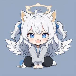 chibi, sd, masterpiece, made by a master, 4k, perfect anatomy, perfect details, best quality, high quality, lots of detail.
(solo),1girl, ((angel)), ((white hair)), long curly hair, (two side up), blue eyes,  (curly hair:1.2), (wavy hair), (hair curls), (bangs), (two side up), two ((blue)) hair ties on head, (Double golden halo on her head), choker, ((angel wings)), ahoge, fang, cat ears, smug smile, slightly angry, (Gray long sleeve hooded top), Black long pants, white socks, single, looking at viewer, mouth wide open, (paw pose), (full body) ,Emote Chibi. cute comic,simple background, flat color, Cute girl,dal,Chibi Style,lineart,