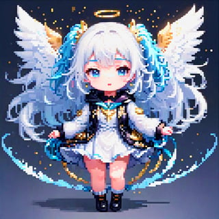 (chibi:1.3), masterpiece, made by a master, 4k, perfect anatomy, perfect details, best quality, high quality, lots of detail.
(solo),1girl, ((angel)), ((white hair)), (long hair:1.1), (two side up:1.2), blue eyes, (wavy hair), (hair curls), (bangs), two ((blue)) hair ties on head, (Double golden halo on her head), choker, ((angel wings)), ahoge, laughing, sharp teeth,, (white long sleeve hooded top), black pants, white socks, single, open mouth, (full body) ,Emote Chibi. cute comic, flat color, Cute girl,Chibi Style,lineart,pixel art