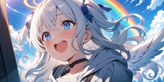 shiny, vibrant colors, female, masterpiece, sharp focus, best quality, depth of field, cinematic lighting, ((solo, one girl)), (illustration, 8k CG, extremely detailed), masterpiece, ultra-detailed, Anime-style illustration depicting a sunny sky scene. A sky after rain. (big rainbow in sky),  fire rainbows,1girl, angel, white hair, long curly hair, two side up,blue eyes, two blue ribbons on her hair, (Double golden halo on her head), choker, (angel wings),  Wearing grey Hooded T-shirt, is looking up at the sky with a surprised expression, cute smile. best smile, The perspective is from below, open mouth, shiny background,