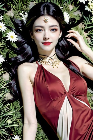 A stunning portrait of a young woman lying on a lush green surface, her long, dark hair cascading down her back like a waterfall. She gazes directly at the viewer with an enigmatic smile, her bare shoulders and upper body adorned with elegant jewelry. A vibrant red dress flows around her like a river, its petals-like folds unfolding towards the camera. A delicate branch stretches across her chest, where she rests a hand, as if embracing herself. Tiny flowers dot her hair ornaments, adding to the whimsical charm of this captivating scene.
