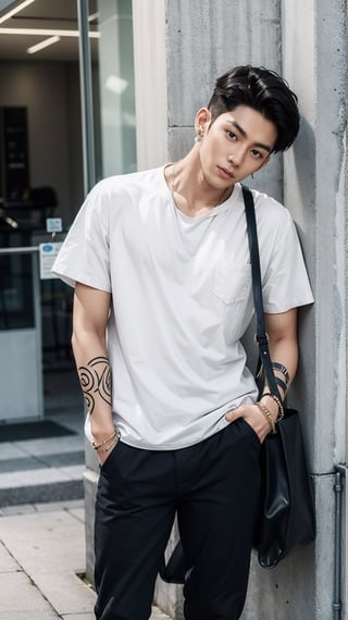 solo, looking at viewer, short hair, shirt, black hair, 1boy, jewelry, white shirt, male focus, earrings, pants, dark skin, necklace, bag, bracelet, tattoo, black pants, ring, hand in pocket, arm tattoo, hand on own chin