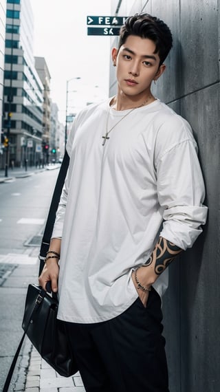 solo, looking at viewer, short hair, shirt, black hair, 1boy, jewelry, white shirt, male focus, earrings, pants, dark skin, necklace, bag, bracelet, tattoo, black pants, ring, hand in pocket, arm tattoo, hand on own chin