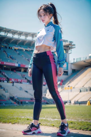 female model wearing sporty clothes in stadium, outdoors, medium shoot, long sleeve, long pants, leggings 