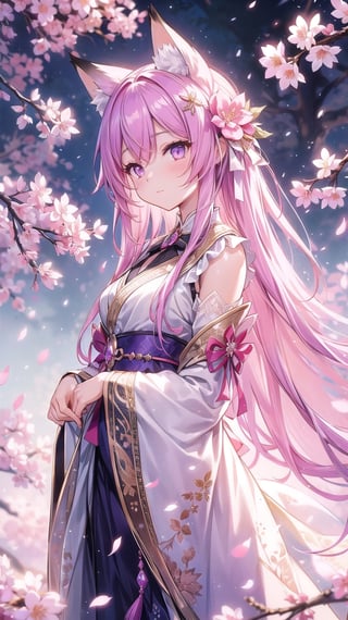 Enchanting Fox Girl:
Our fox girl stands gracefully amidst the cherry blossoms, her purple eyes gleaming with an otherworldly allure. Each delicate petal of the cherry blossoms is rendered with exquisite detail, adding to the dreamlike quality of the composition. Her fur is depicted with ultra-realistic texture, inviting the viewer to reach out and touch.

Serene Night Background:
The serene night background enhances the enchanting atmosphere of the scene, with the full moon casting a soft and gentle glow. The surrounding cherry blossoms create a picturesque setting, evoking a sense of peace and tranquility.

Photorealistic Details:
Every aspect of the scene is meticulously crafted with ultra-detailed features, from the fox girl's mesmerizing purple eyes to the texture of her fur and the delicate petals of the cherry blossoms. The level of realism in the artwork is truly remarkable, drawing the viewer into the enchanting world of the fox girl.

Captivating Composition:
The composition of the scene is carefully crafted to draw the viewer's eye towards the fox girl, who stands as the focal point amidst the cherry blossoms. The soft and subtle colors of the night sky and the cherry blossoms create a harmonious blend, adding to the overall beauty of the composition.

Invitation to Dream:
As we gaze upon this captivating scene, we are invited to dream and immerse ourselves in the enchanting world of the fox girl. The tranquil atmosphere and exquisite details transport us to a realm of serenity and beauty, where the wonders of nature and fantasy converge.