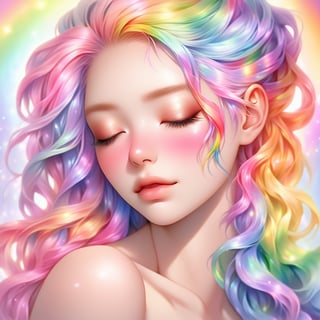 (masterpiece,best quality, niji style, realistic), beautiful woman (tan skin)(shubby face), upper body shot, eyes closed, (rainbow hair:1.4)