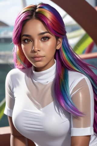 (masterpiece,best quality, niji style, realistic), beautiful south american woman, tan skin, chubby face, upper body shot, shirt, brown eyes, (rainbow hair:1.4), turtle_neck