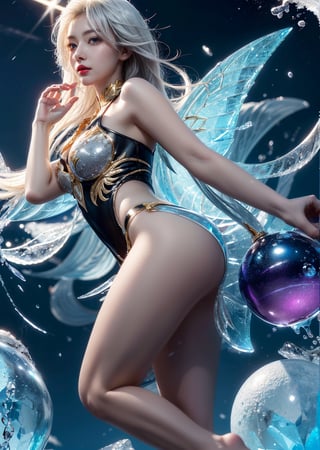 (masterpiece,  top quality,  best quality,  official art,  beautiful and aesthetic:1.2),  (1girl:1.2), ice fairy, cute,  light eyes,   beautiful face, ((Transparent heavenly plumage)),extreme detailed, (abstract:1.4,  fractal art:1.3), (shain gold hair:1.1),  fate \(series\),  colorful, highest detailed, blizzard, ice ball storm, lightning, Swirling frozen, flying ice orbs,ability to manipulate ice, (splash_art:1.2),  jewelry:1.4,  silver wear, scenery,  ink, icemancer, colorful_girl_v2,ice_sculpture,DonMPl4sm4T3chXL ,Circle