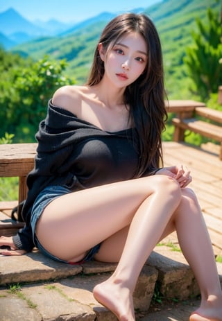 full body,Korean girl,Realism,Epic, (masterpiece),  blue eyes, detailed facial features, (sensual face), realism, yuzu,
(RAW photo:1.2),(EOS R8,50mm,F1.2,8K:1.2),

long legs, shiny skin, soft body, black hiking clothes , (long_hair, shiny hair), ((mountaintop views)), toned thighs, full scenery view