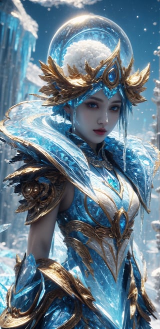 (masterpiece,  top quality,  best quality,  official art,  beautiful and aesthetic:1.2),  (1girl:1.2), ice fairy, cute,  light eyes,   beautiful face, ((Transparent heavenly plumage)),extreme detailed, (abstract:1.4,  fractal art:1.3), (shain gold hair:1.1),  fate \(series\),  colorful, highest detailed, blizzard, ice ball storm, lightning, Swirling frozen, flying ice orbs,ability to manipulate ice, (splash_art:1.2),  jewelry:1.4,  silver wear, scenery,  ink, icemancer, colorful_girl_v2,ice_sculpture,DonMPl4sm4T3chXL 