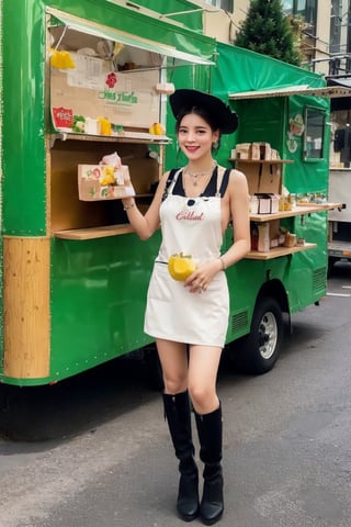 raw, detailed, Realistic, ultra res, 1girl, 19 years old beautiful girl, wearing sexy apron, mini_dress, elegant_prostitute, christmas, detailed face, food, (Food trucks:1.4), christmas tree, Soda, banana, mango, Slice Cake, New York background, hot coffee, Snacks, flowers, plants, christmas ornaments, ground vehicle, teddy bear, scarf, stuffed animal, stuffed toy, shop, wreath, smile, gift, box, night, holding, candy, cake, english text, strawberry, standing, merry christmas, fruit, boots, (Chopard Red Carpet Collection rubellite and diamond necklace),Sora