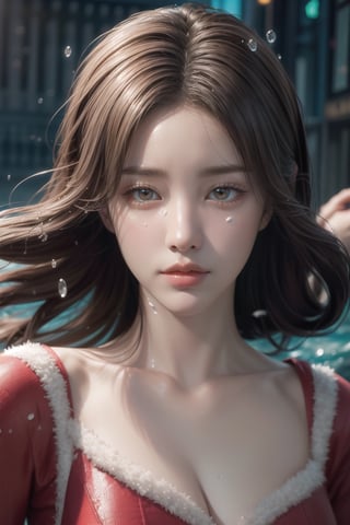 (portrait, ultra realistic illustration,octane render,vray,masterpiece, top quality, best quality, unreal engine,official art, beautiful and aesthetic:1.2), (1girl:1.2), cute, extreme detailed, (abstract:1.4, fractal art:1.3), christmas, colorful, highest detailed,  water, wind, ice, (splash_art:1.2), jewelry:1.4, santa_suit, scenery, ink,Soojin 