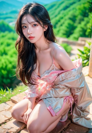 full body,Korean girl,Realism,Epic, (masterpiece),  blue eyes, detailed facial features, (sensual face), realism, yuzu,
(RAW photo:1.2),(EOS R8,50mm,F1.2,8K:1.2),

long legs, shiny skin, soft body, black hiking clothes , (long_hair, shiny hair), ((mountaintop views)), toned thighs, full scenery view, view_from_above, 