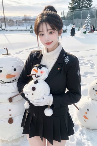 (Best quality, Masterpiece: 1.3), 8K, HD, Detailed face, Perfect beauty: 1. 5, yui yuigahama, short hair, single hair bun, school uniform, black jacket, open jacket, ribbon, collared shirt, plaid skirt,(Smiling), (Very beautiful view), (Most amazing view), (One woman), ( Snow scene), (Plain background), Making snowman, One person, medium breasts, thigh_gap, Hair in wind Fluttering skirt, Fluffy mitten gloves, earmuffs, scarf, cute snowman, best smile, waving, mini character, three snowmen, jumping snowman, ((hugging snowman)), shovel, penguin,soojin,