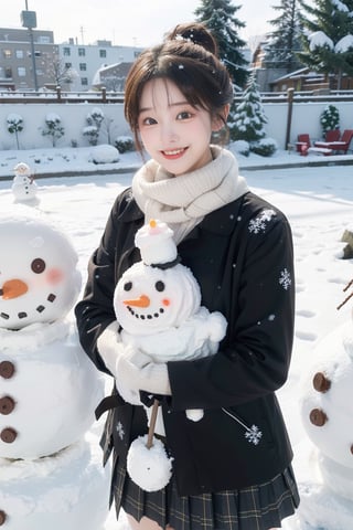 (Best quality, Masterpiece: 1.3), Perfect beauty: 1. 5, yui yuigahama, short hair, single hair bun, school uniform, black jacket, open jacket, ribbon, collared shirt, plaid skirt,(Smiling), (Very beautiful view), (Most amazing view), (One woman), ( Snow scene), (Plain background), Making snowman, One person, Small chest, Hair in wind Fluttering skirt, Fluffy mitten gloves, earmuffs, scarf, cute snowman, best smile, waving, mini character, three snowmen, jumping snowman, ((hugging snowman)), shovel, penguin,