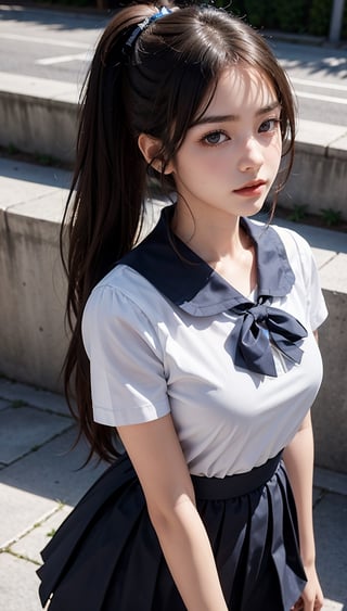 Ultra high resolution, masterpiece, top quality, high resolution face, detailed eyes, very difficult, perfect glowing skin, perfect lighting, detailed lighting, dramatic shadows, ray tracing, 16 years old, 1 girl , inverted triangular face, slit eyes, ponytail, upper body, school uniform, serafuku, pleated skirt, sailor collar, white shirt,, staring at the audience, (smile: 0.4), little_cute_girl, snha photo of a woman