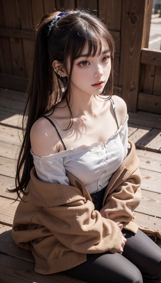 Super high resolution, masterpiece, top quality, high resolution face, detailed eyes, very difficult, perfect glowing skin, perfect lighting, detailed lighting, dramatic shadows, ray tracing, 16 years old, 1 girl, Inverted triangular face, slit eyes, ponytail, cat tail, red eyes, earrings, jewelry, black nails, off shoulder, black hair, long sleeves, bangs, nail polish, jacket, brown jacket, border, ear piercing, cat girl , collared shirt,, looking at the audience, (smile: 0.4), little_cute_girl, photo of a woman, Chihara