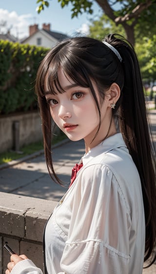 Super high resolution, masterpiece, top quality, high resolution face, detailed eyes, very difficult, perfect glowing skin, perfect lighting, detailed lighting, dramatic shadows, ray tracing, 16 years old, 1 girl, Inverted triangular face, slit eyes, ponytail, cat tail, red eyes, earrings, jewelry, black nails, off shoulder, black hair, long sleeves, bangs, nail polish, jacket, brown jacket, border, ear piercing, cat girl , collared shirt,, looking at the audience, (smile: 0.4), little_cute_girl, photo of a woman, Chihara