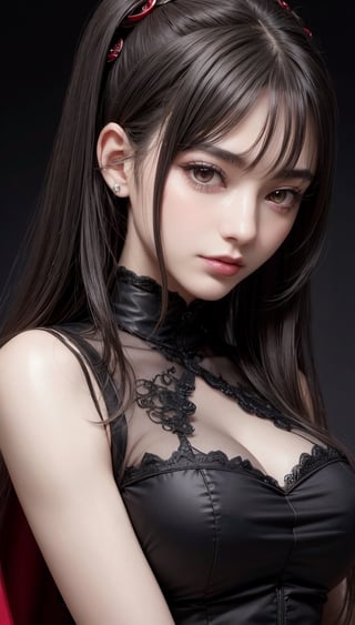 absurderes, masutepiece, Best Quality, nffsw, 1girl in, Mature Woman, (Sharp Focus), Villain's smile, medium breasts, (Long black background Hair), (grey eyes), (Detailed eyes), Gothic lace costumes, White and Red theme, Realism, Black_castle, Ultra-detailed, Vivid, Intricate details, Photorealistic
,seulgilorashy,d4sh4