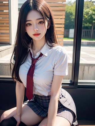 (masutepiece, Best Quality:1.2), 8K, 18year old, 85 mm, Official art, Raw photo, absurderes, White dress shirt, Pretty Face, close up, Upper body, violaceaess, gardeniass, Beautiful Girl, , (Navy pleated skirt:1.1), Cinch Waist, thighs thighs thighs thighs, Short sleeve, Classroom, Gravure Pose, Looking at Viewer, No makeup,ssmile, Film grain, chromatic abberation, Sharp Focus, face lights, clear lighting, Teen, Detailed face, Bokeh background, (dark red necktie:1.1), medium breasts?, Skinny face,sayaairie,fz,nichakarn-methmutha,sssggg,Japan Hime_cut style,Ayano