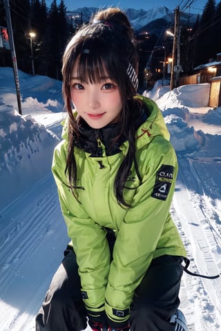 Warm lighting, beautiful Japanese girl, detailed face, shy smile, dark eyes, straight black hair, details (snowboarding wear), ski resort, snowboarding, outdoors, above the thighs, real Japanese girl, yurayura_yuuura,enako