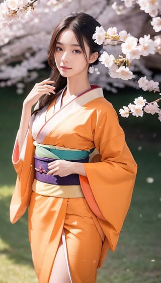 (Masterpiece: 1.3), (Photoreal: 1.4), 8K, top quality, masterpiece, super A high resolution, perfect dynamic composition, professional camera work, glow light effect, realistic portrait, cinematic light, Highly detailed skin and face texture: 1.3, ultra-slim eyes, delicate limbs, spring, cherry blossoms, cherry blossom snowstorm scenery: 1.2, lonely girl, cute and sexy 23-year-old slim woman, white skin, lavender flower: 1.2, (entranced expression): 0.9), (attractiveness): 1.0), (orange kimono: 1.3), only shoulders and shoulder blades exposed, back shot, calm pose, (rich chest: 0.9), (Beautiful blue eyes, (eyes that make you feel) Beautiful eros: 0.85), Sexy face: 0.4, (Taste that makes you feel beautiful eros: 0.85), ((Too cute beauty: 0.9)),realhands