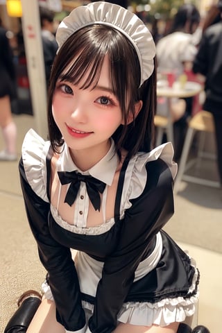 Warm lighting, beautiful Japanese girl, detailed face, shy smile, dark eyes, straight black hair, details (maid costume, Akiba maid caffe,), year-end shopping, city, outdoors, above the thighs, authentic Japan girl,yurayura_yuuura