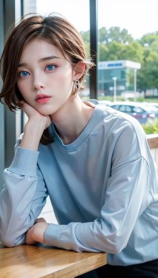 (8k, raw photo, highest quality, master piece: 1.2), (realistic, photorealistic: 1.37), One Girl, Only 19, cute, adorable, (blue eyes), (shy smile: 0.4), (solo), Details Face, oval face, pale almond-shaped eyes, (short brown hair: 1.3), hair over one eye, slender build, medium chest, gray sweatshirt, lying on back, head tilted, fluorescent Lights, sitting in a coffee shop, by the cafe, window, small head, (looking away), teenage girl, earrings, pen,MaryAmber,shirt