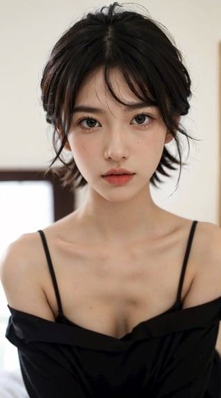 masterpiece, best quality, ultra high res, (photorealistic:1.5), 1girl, solo, offshoulder, long black hair,  realistic, looking at viewer, black eyes, short hair, 1 girl, just wake up, detailed face,  shy face looking at camera,  feeling shy, red lips, bangs, in a white room, little open mouth, upper, large breasts body,Detailedface,hinata
