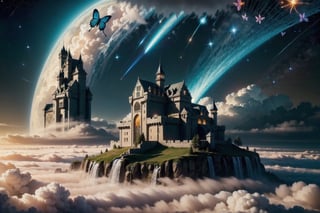 photorealistic photography in high definition, of a mystical fantasy scene, closeup of a casttle with wing, open wings, flowers and butterflies should be around it, with interstellar space visible in the sky, with golden luminous flashes and shooting stars and castle Elevated above the clouds, a mystical and enigmatic scene