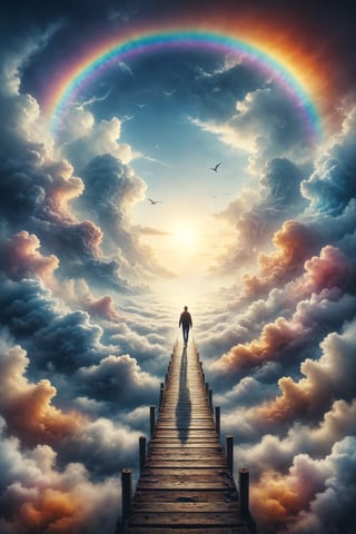 Design a scene of a person walking on a rainbow bridge over a sea of clouds.